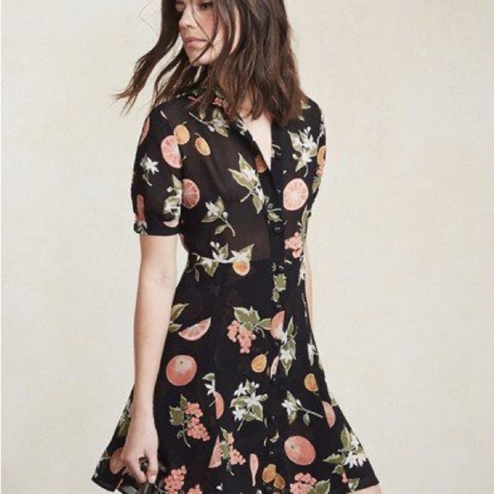 Reformation | Tamara Fruitcake Dress | Black with oranges π | Size 2 - Picture 2 of 14